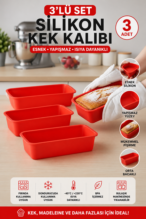 3 Adet Premium Silikon Büyük Şef Kek Kalıbı - Yanmaz Yapışmaz Yuvarlak Dilim Kek Kalıbı - Kırmızı