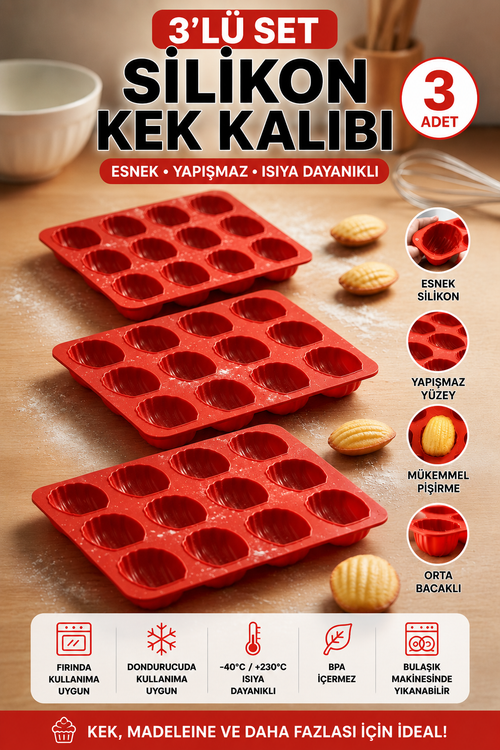 3 Adet 12’li Silikon Deniz Kabuğu Madeleine Kalıbı – Yapışmaz Kek ve Çikolata Kalıbı | Isıya Dayanıklı Kırmızı, BPA Free