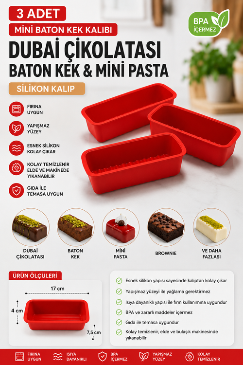 3 Adet Mini Baton Kek ve Dubai Çikolatası Kalıbı Silikon – Yapışmaz Baton Kek, Mini Pasta ve Çikolata Kalıbı BPA İçermez
