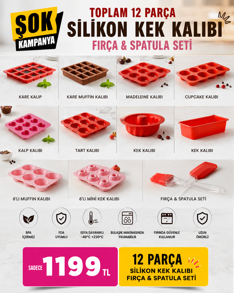 Profesyonel 12’li Silikon Kek Kalıbı Seti | BPA’sız, Isıya Dayanıklı