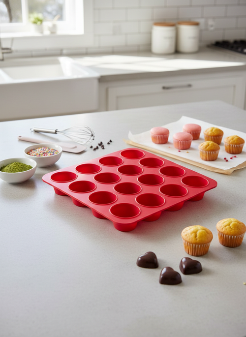 16 Gözlü Silikon Makaron, Mini Kek ve Çikolata Kalıbı - Yanmaz Yapışmaz Muffin Tepsisi