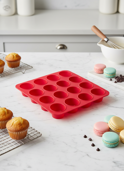 16 Gözlü Silikon Makaron, Mini Kek ve Çikolata Kalıbı - Yanmaz Yapışmaz Muffin Tepsisi