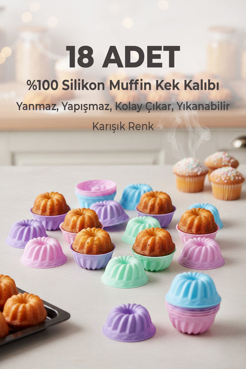 BakeMuff 18 Adet Silikon Muffin ve Mini Kek Kalıbı, Yapışmaz, Isıya Dayanımlı, BPA’sız - Karışık Renk