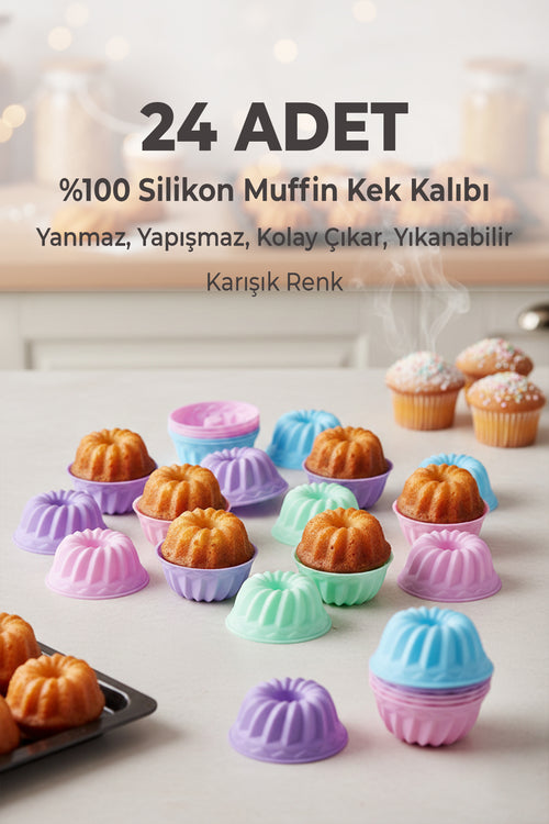 BakeMuff 24 Adet Silikon Muffin ve Mini Kek Kalıbı, Yapışmaz, Isıya Dayanımlı, BPA’sız - Karışık Renk