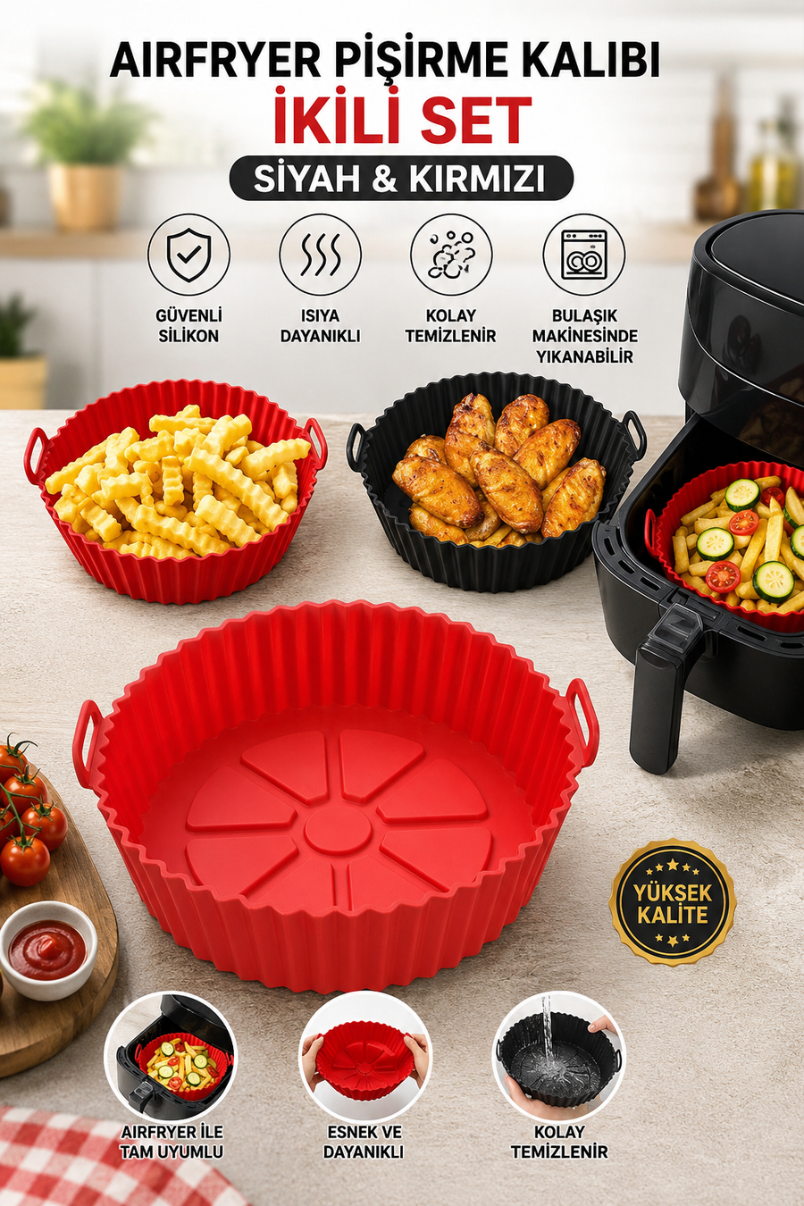 2'li Airfryer Silikon Pişirme Kalıbı Seti - Yanmaz Yapışmaz Isıya Dayanıklı Hava Fritözü Aksesuarı (20 cm)