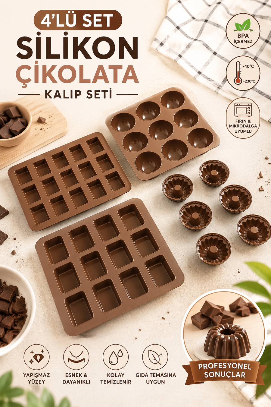 4'lü Set Silikon Kek, Çikolata ve Pralin Kalıbı | 9'lu Yarım Küre, 12'li Baton, 15'li Mini Baton, 6'lı Mini Müffin | BPA İçermez, FDA Uyumlu