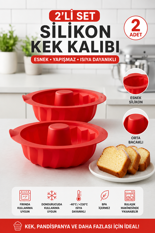 2 Adet Premium Silikon Büyük Şef Kek Kalıbı - Yanmaz Yapışmaz Yuvarlak Dilim Kek Kalıbı - Kırmızı