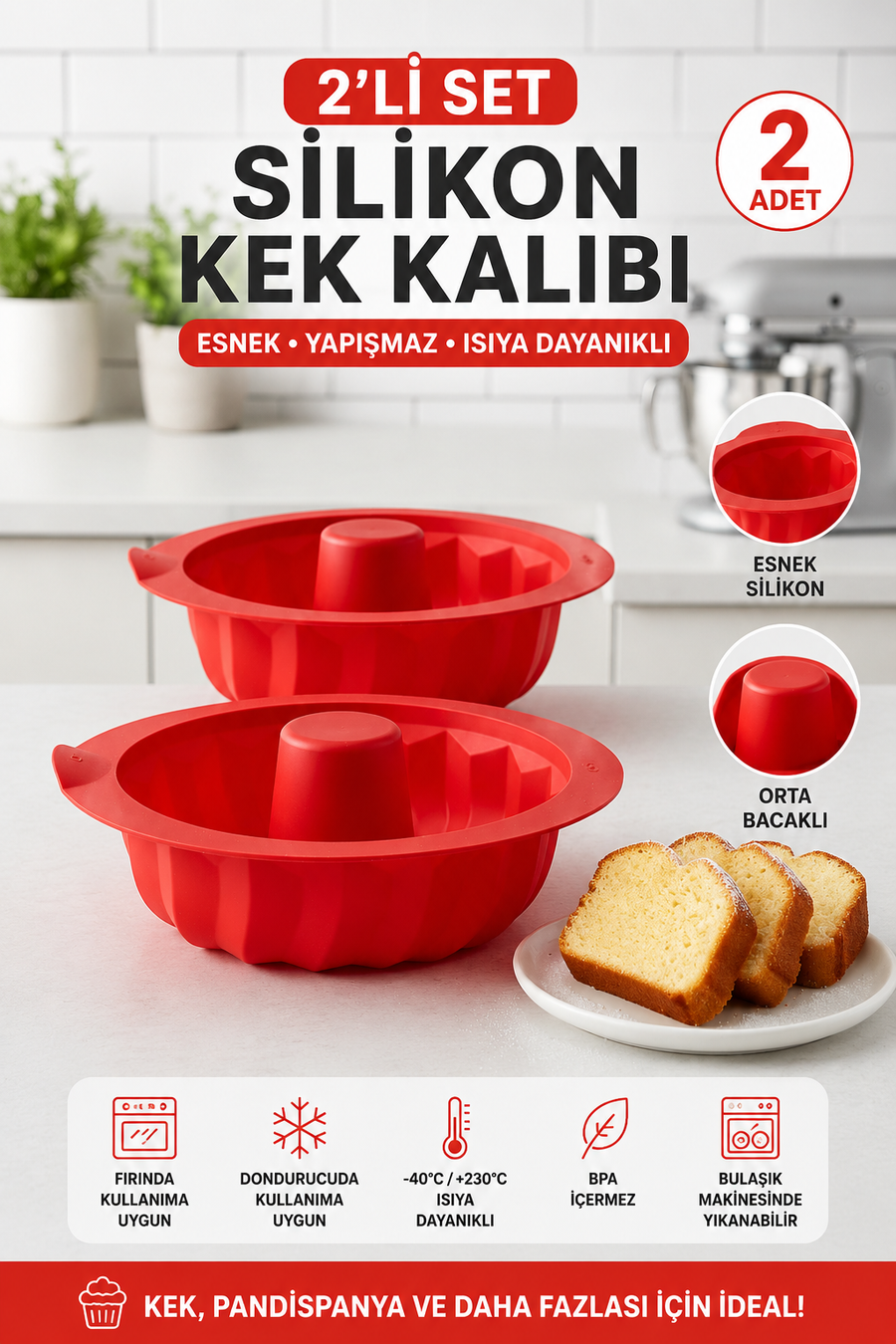 2 Adet Premium Silikon Büyük Şef Kek Kalıbı - Yanmaz Yapışmaz Yuvarlak Dilim Kek Kalıbı - Kırmızı