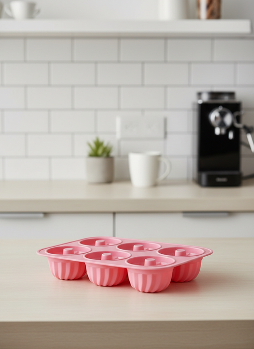 6 Bölmeli Silikon Mini Kek ve Muffin Kalıbı - Pembe Donut ve Porsiyonluk Tatlı Kalıbı - Fırına Dayanıklı ve Yapışmaz