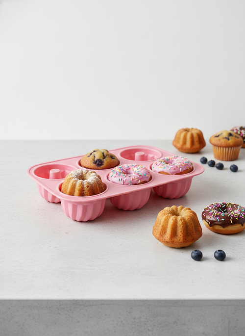 6 Bölmeli Silikon Mini Kek ve Muffin Kalıbı - Pembe Donut ve Porsiyonluk Tatlı Kalıbı - Fırına Dayanıklı ve Yapışmaz