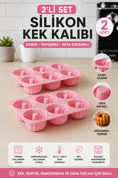 2 Adet 6'lı Silikon Muffin ve Cupcake Kalıbı - Yapışmaz Tek Parça Esnek Kek Kalıbı 25x16 cm