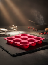 9 Bölmeli Silikon Tartolet ve Muffin Kek Kalıbı - Yapışmaz Çiçek Formlu Pişirme Seti