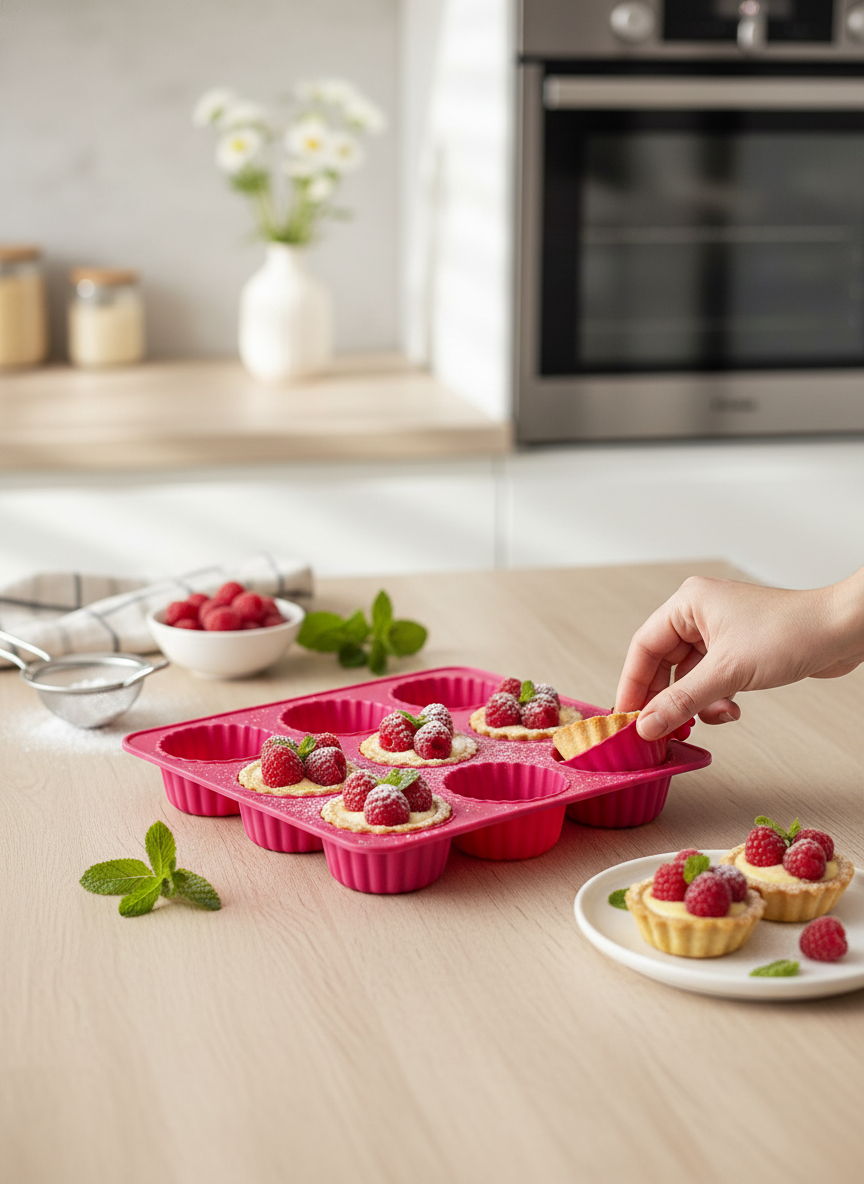 9 Bölmeli Silikon Tartolet ve Muffin Kek Kalıbı - Yapışmaz Çiçek Formlu Pişirme Seti