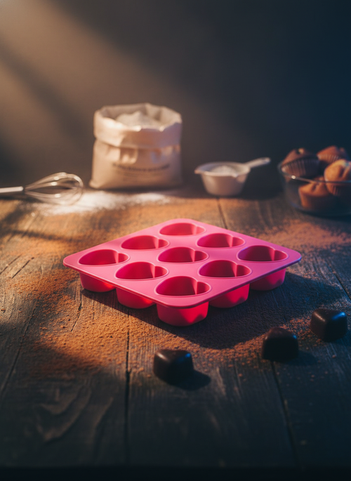 9'lu Kalp Şekilli Silikon Kek ve Çikolata Kalıbı - Pembe Mini Muffin ve Lokmalık Tatlı Kalıbı