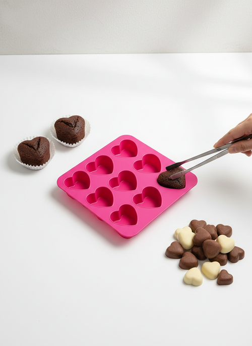 9'lu Kalp Şekilli Silikon Kek ve Çikolata Kalıbı - Pembe Mini Muffin ve Lokmalık Tatlı Kalıbı