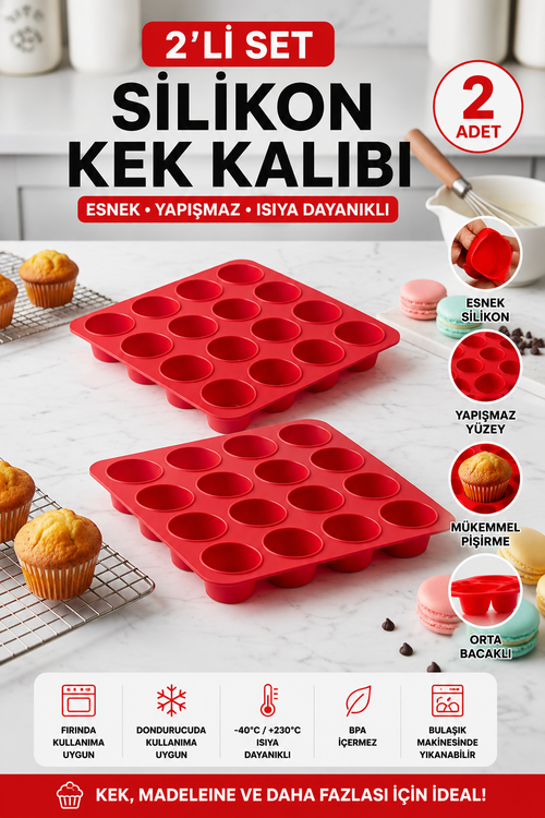 2 Adet 16 Gözlü Silikon Makaron, Mini Kek ve Çikolata Kalıbı - Yanmaz Yapışmaz Muffin Tepsisi