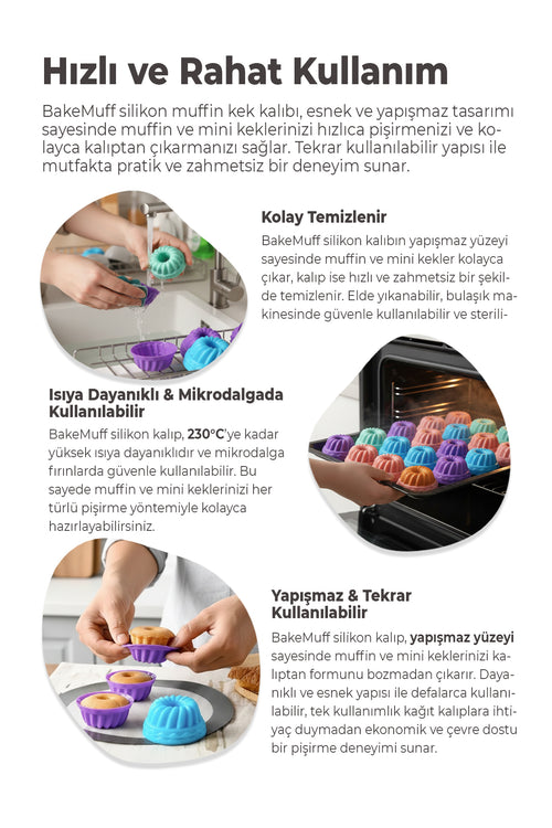 BakeMuff 24 Adet Silikon Muffin ve Mini Kek Kalıbı, Yapışmaz, Isıya Dayanımlı, BPA’sız - Karışık Renk