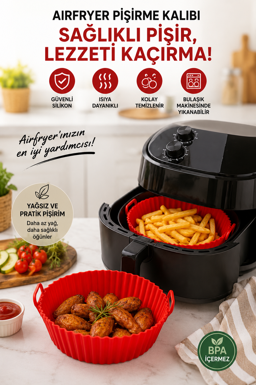 Kırmızı Airfryer Silikon Pişirme Kalıbı Seti - Yanmaz Yapışmaz Isıya Dayanıklı Hava Fritözü Aksesuarı (20 cm)