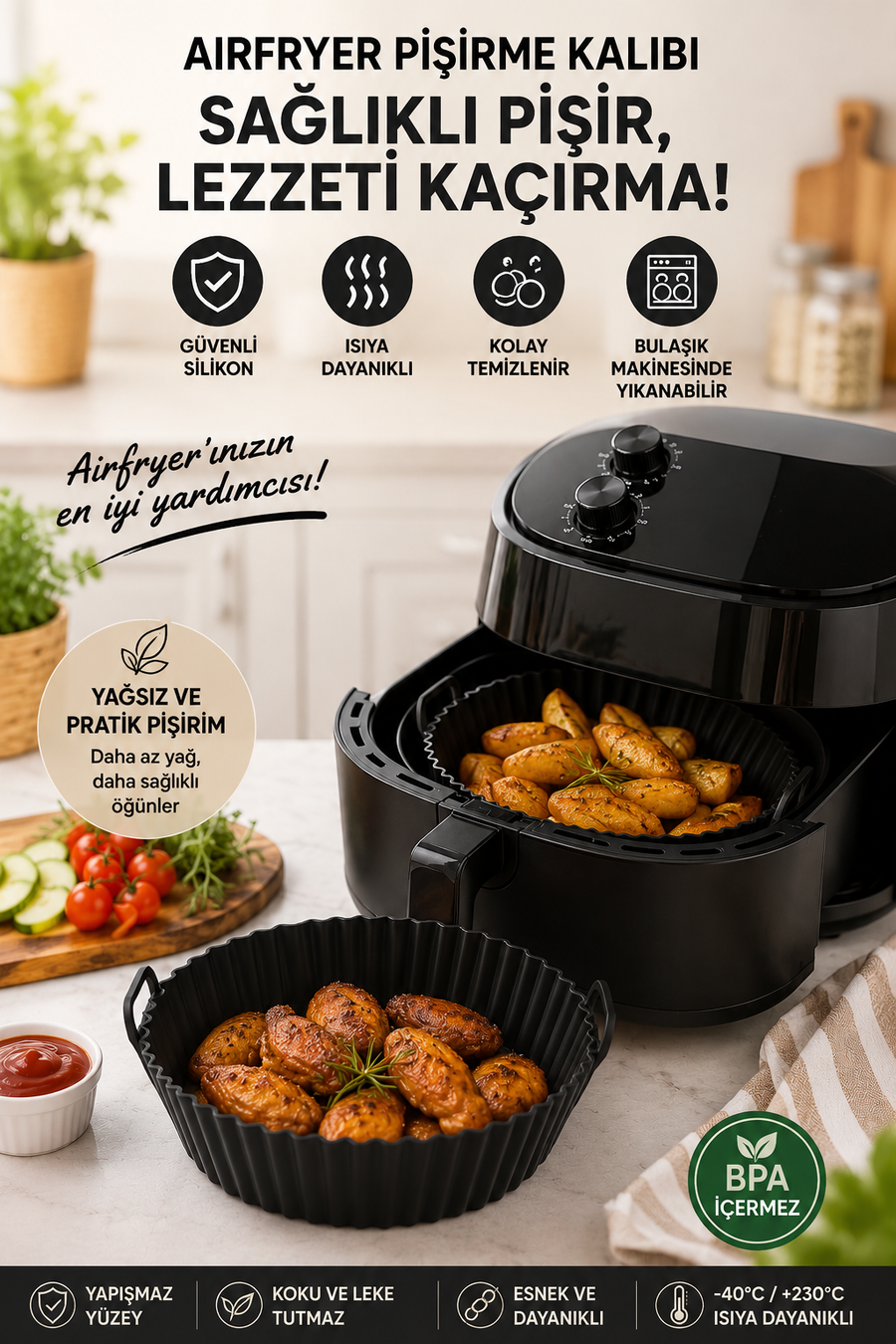 Siyah Airfryer Silikon Pişirme Kalıbı Seti - Yanmaz Yapışmaz Isıya Dayanıklı Hava Fritözü Aksesuarı (20 cm)