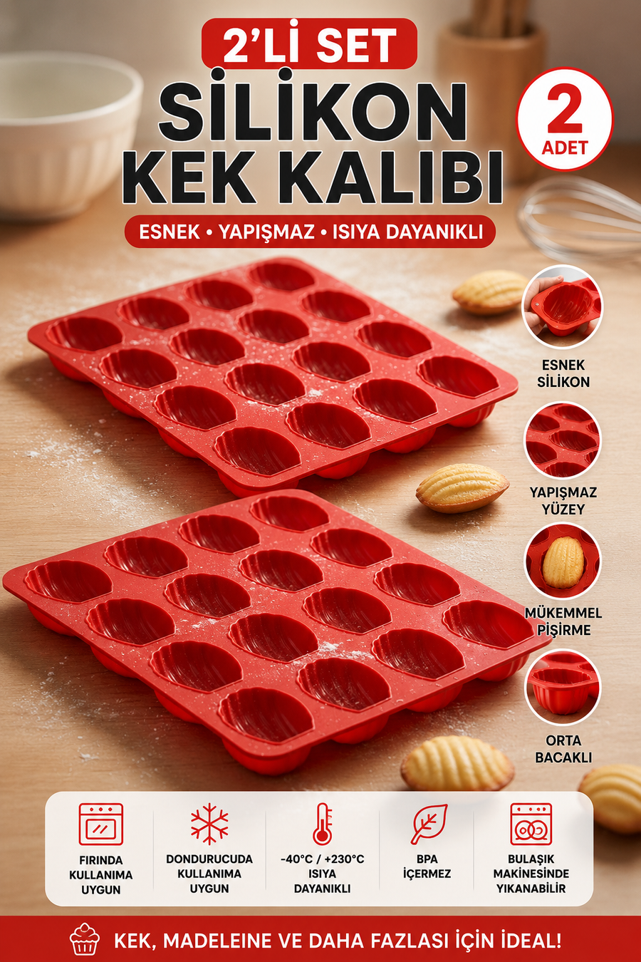 2 Adet 12’li Silikon Deniz Kabuğu Madeleine Kalıbı – Yapışmaz Kek ve Çikolata Kalıbı | Isıya Dayanıklı Kırmızı, BPA Free