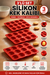 3 Adet 12’li Silikon Deniz Kabuğu Madeleine Kalıbı – Yapışmaz Kek ve Çikolata Kalıbı | Isıya Dayanıklı Kırmızı, BPA Free