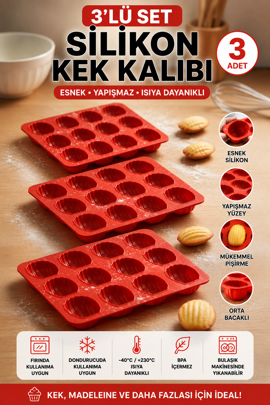 3 Adet 12’li Silikon Deniz Kabuğu Madeleine Kalıbı – Yapışmaz Kek ve Çikolata Kalıbı | Isıya Dayanıklı Kırmızı, BPA Free