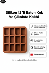 Premium 12'li Silikon Baton Kek ve Çikolata Kalıbı - Yapışmaz, BPA İçermez Pişirme Kalıbı