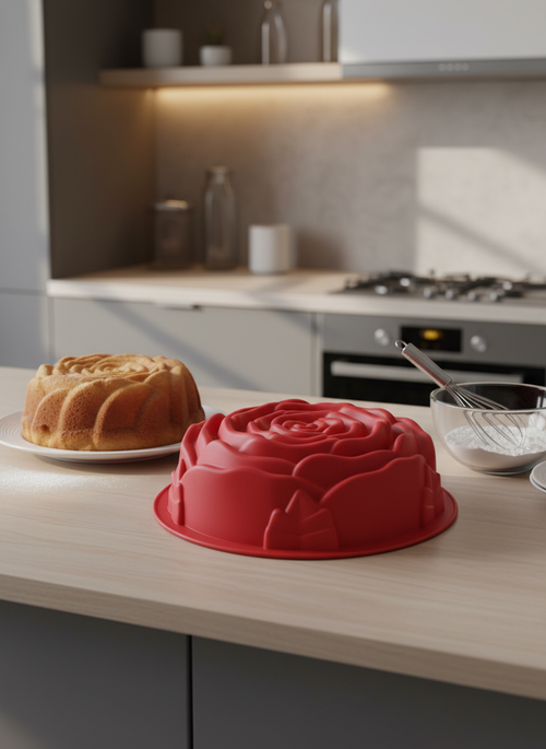 Silikon Gül Şekilli Kek Kalıbı - 23 cm Yapışmaz Isıya Dayanıklı Büyük Çiçek Kek ve Pasta Kalıbı Kırmızı