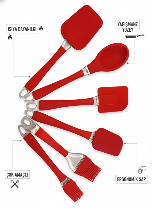 6 Parça Isıya Dayanıklı Silikon Spatula ve Fırça Seti - Kırmızı Yanmaz Yapışmaz Mutfak Gereçleri
