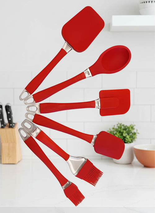 6 Parça Isıya Dayanıklı Silikon Spatula ve Fırça Seti - Kırmızı Yanmaz Yapışmaz Mutfak Gereçleri