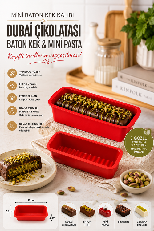3 Adet Mini Baton Kek ve Dubai Çikolatası Kalıbı Silikon – Yapışmaz Baton Kek, Mini Pasta ve Çikolata Kalıbı BPA İçermez