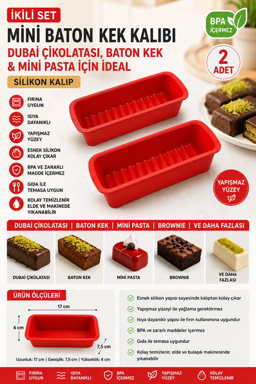 2 Adet Mini Baton Kek ve Dubai Çikolatası Kalıbı Silikon – Yapışmaz Baton Kek, Mini Pasta ve Çikolata Kalıbı BPA İçermez