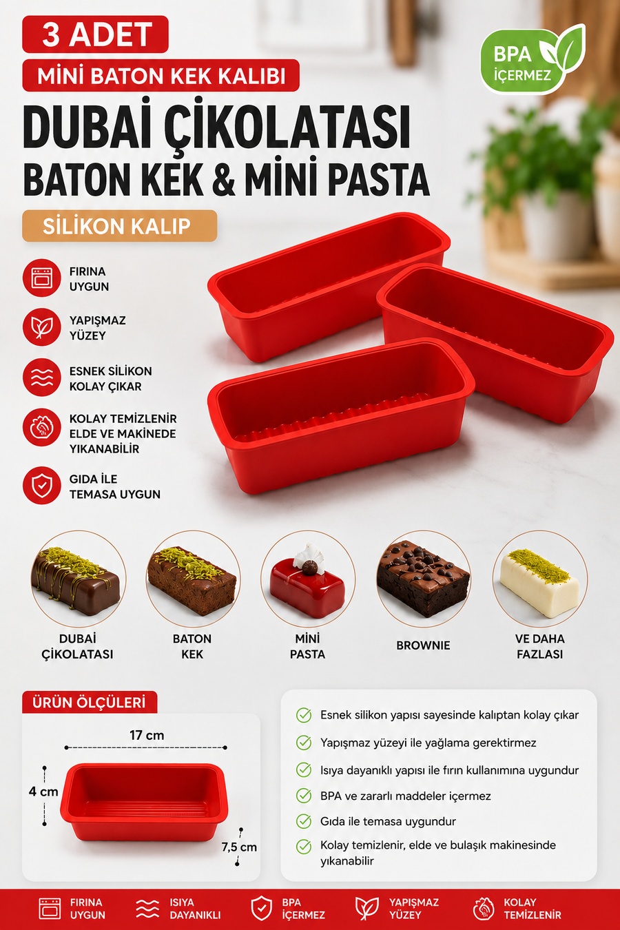 3 Adet Mini Baton Kek ve Dubai Çikolatası Kalıbı Silikon – Yapışmaz Baton Kek, Mini Pasta ve Çikolata Kalıbı BPA İçermez