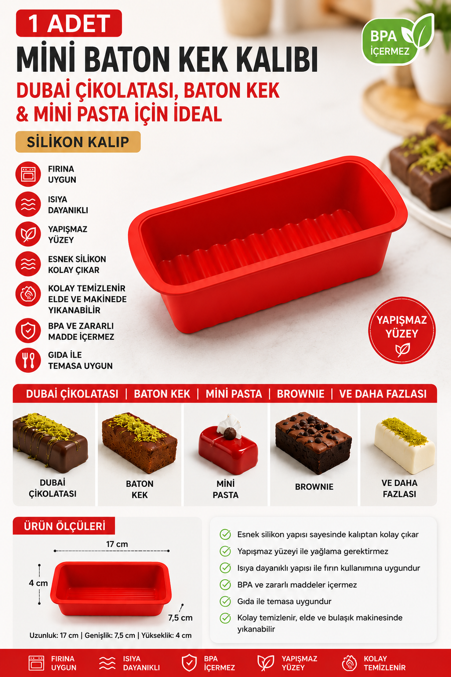 Tekli Mini Baton Kek ve Dubai Çikolatası Kalıbı Silikon – Yapışmaz Baton Kek, Mini Pasta ve Çikolata Kalıbı BPA İçermez