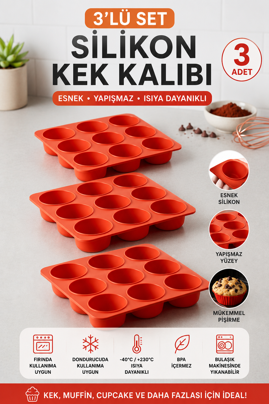 3 Adet 9'lu Silikon Yarım Küre Kek ve Çikolata Kalıbı - Yapışmaz, Isıya Dayanıklı Mousse ve Mini Tatlı Kalıbı